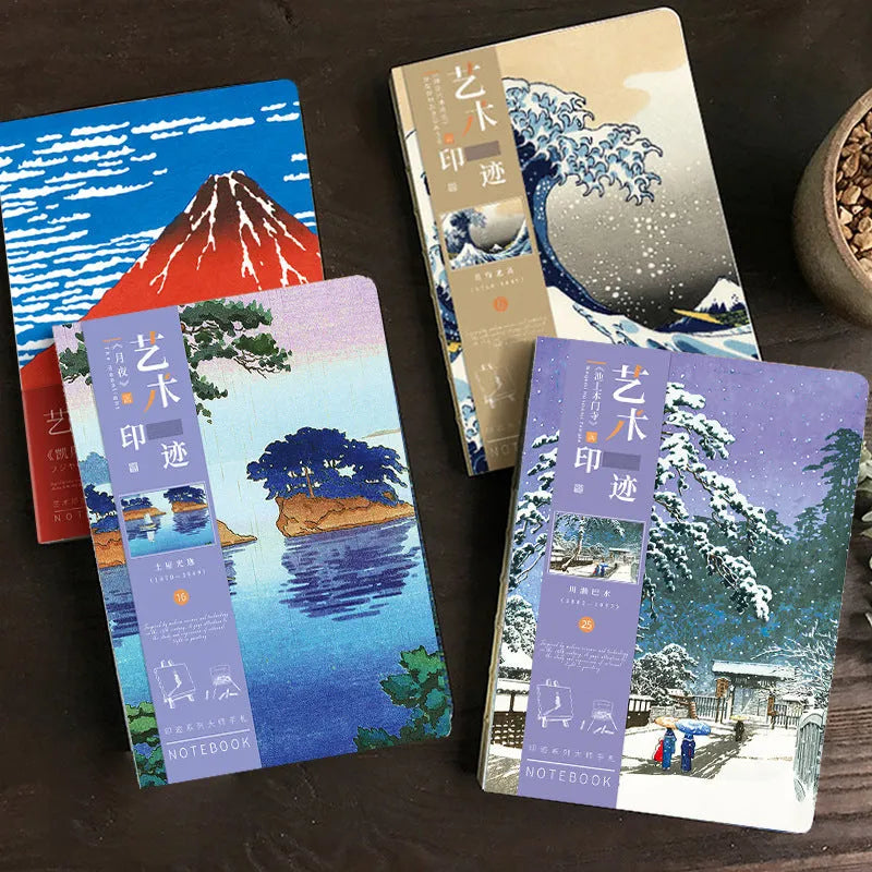 Ukiyo-e Kanagawa surfing village retro hand ledger notebook showing cover artwork and dimensions
