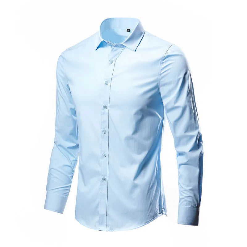 Man wearing a simple long-sleeve linen shirt in a loose fit, available in multiple colours and sizes.