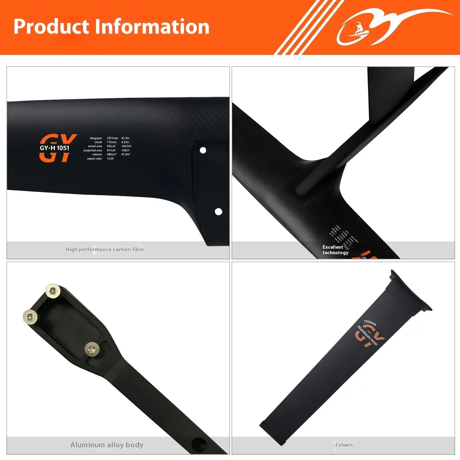 Black carbon fibre and aluminium racing hydrofoil for surfboards with a large front wing.