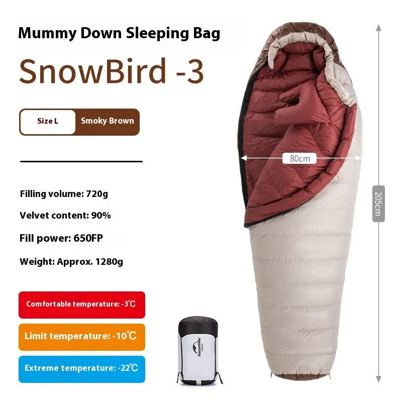 Adult mummy-style sleeping bag with goose down filler in multiple colour and weight options.