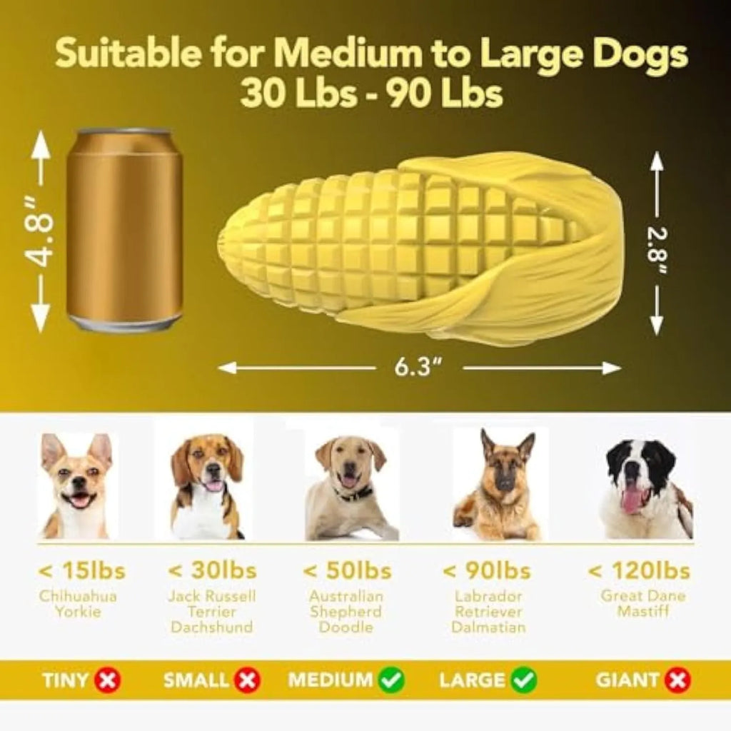 Blue and yellow corn-shaped durable dog chew toy with textured grooves for dental care.