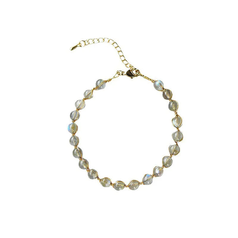 14K gold gilded women's bracelet with 6mm natural blue moonstone crystal beads