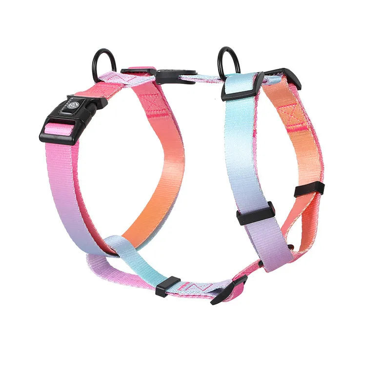 Gradient colour dog chest strap harness in four design options with secure chest and back fastening
