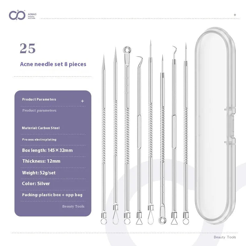 Four silver metal acne needles with pointed tips laid out on a flat surface.