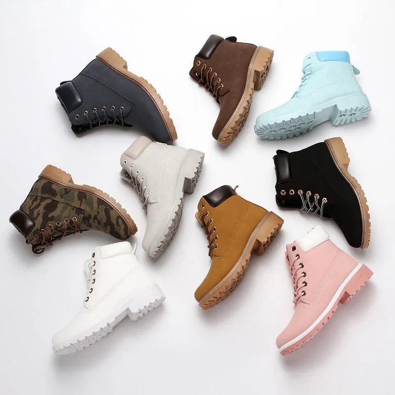 Pink men's high-top Martin boots with velvet lining, round toe, and front lace-up closure.