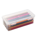 Clear transparent large pencil storage box filled with colouring pencils and crayons