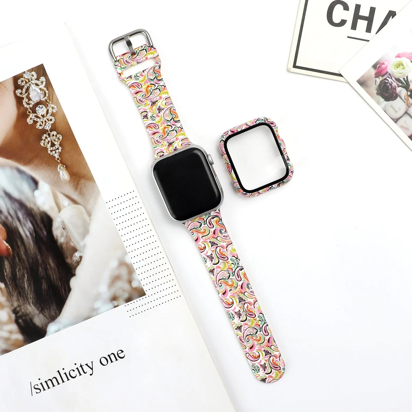 Printed silicone watch strap for Apple Watch showing various design options