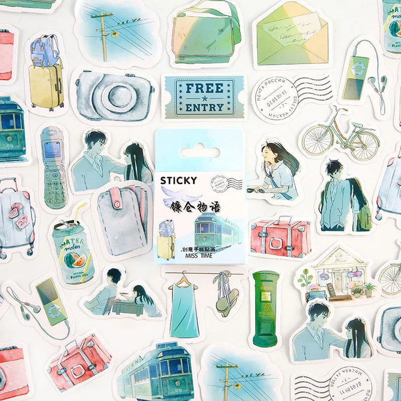 Open box showing 46 small cartoon pattern stickers for journal decoration, themes include Girlhood and Bubble Comic.