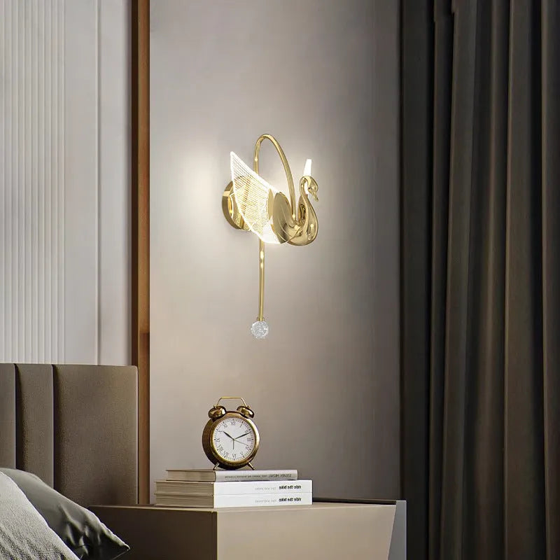 Gold modern swan bedside wall lamp with acrylic shade and dimming control