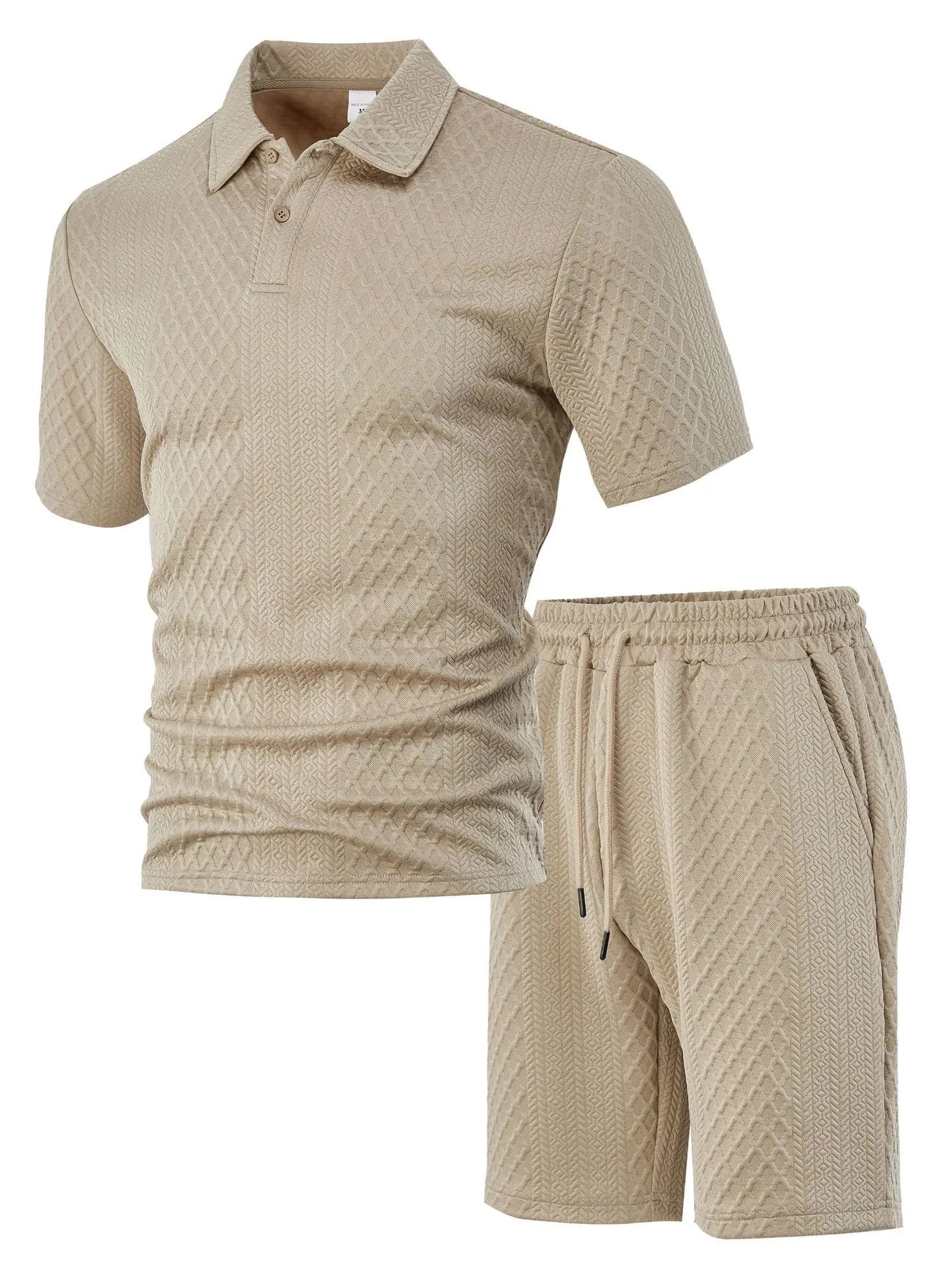 Men's thin figured cloth short sleeve casual suit in navy blue, showing Polo shirt top and trousers