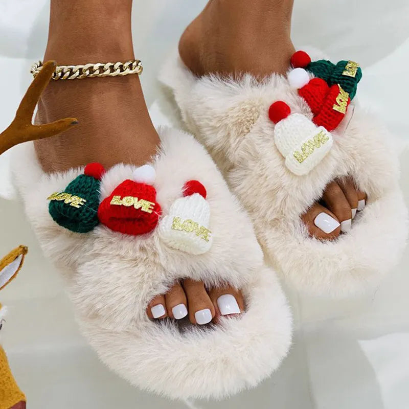 Women's Christmas hat decoration super hairy faux plush slippers in black, khaki, or white.