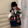 Sleeveless loose cardigan top with diamond plaid pattern in acrylic fibre fabric