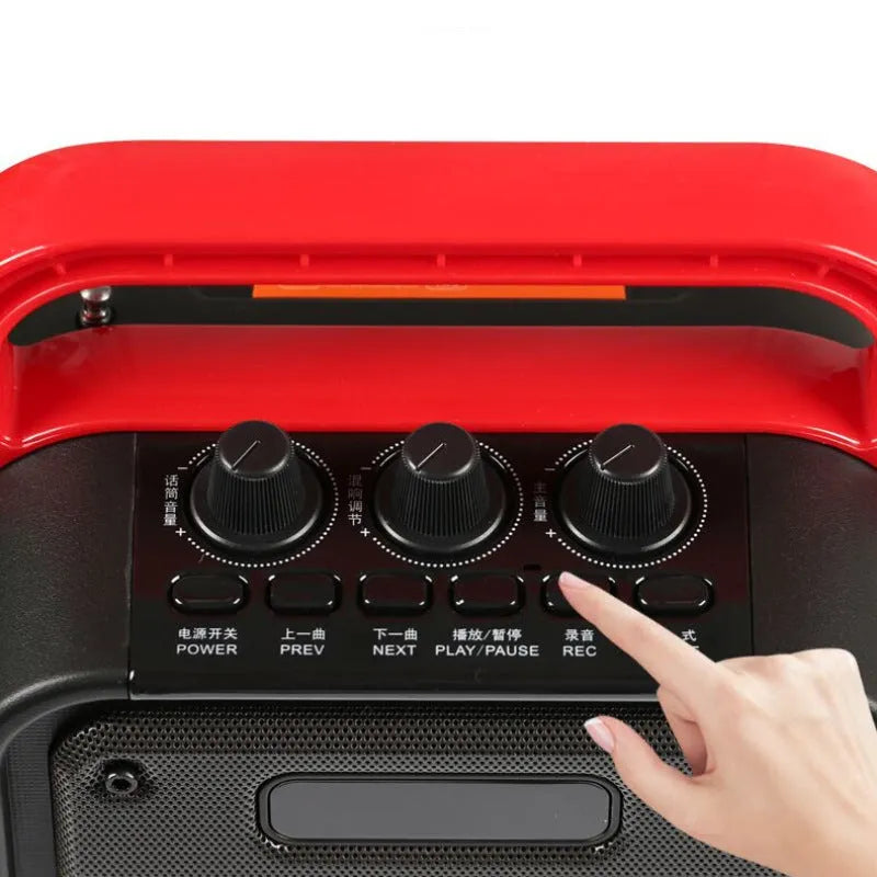 Black MS62AI portable Bluetooth speaker with wireless microphone and remote control