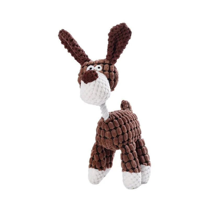 Assorted plush pet chew toys including a blue elephant, a duck, and a donkey in different colours