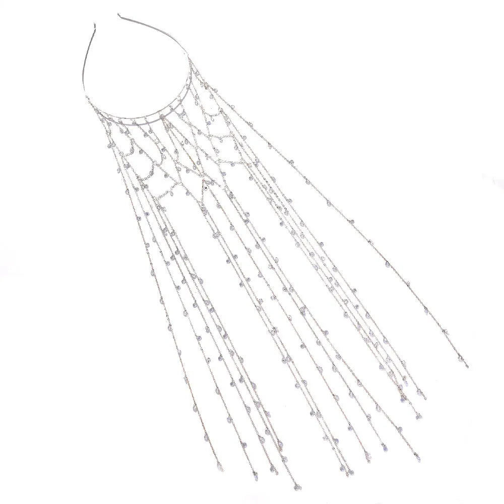 Gold or silver mesh tassel rhinestone headband hair accessory with electroplated finish