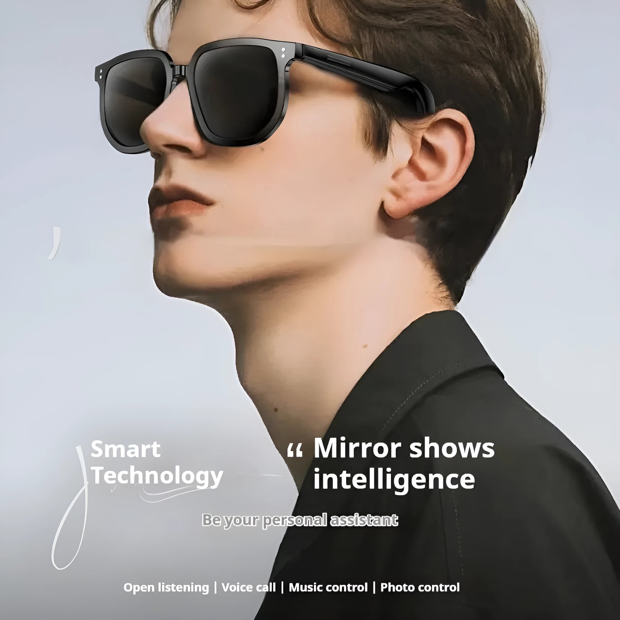 Black AI smart glasses with Bluetooth audio and sunglass lenses featuring touch control operation