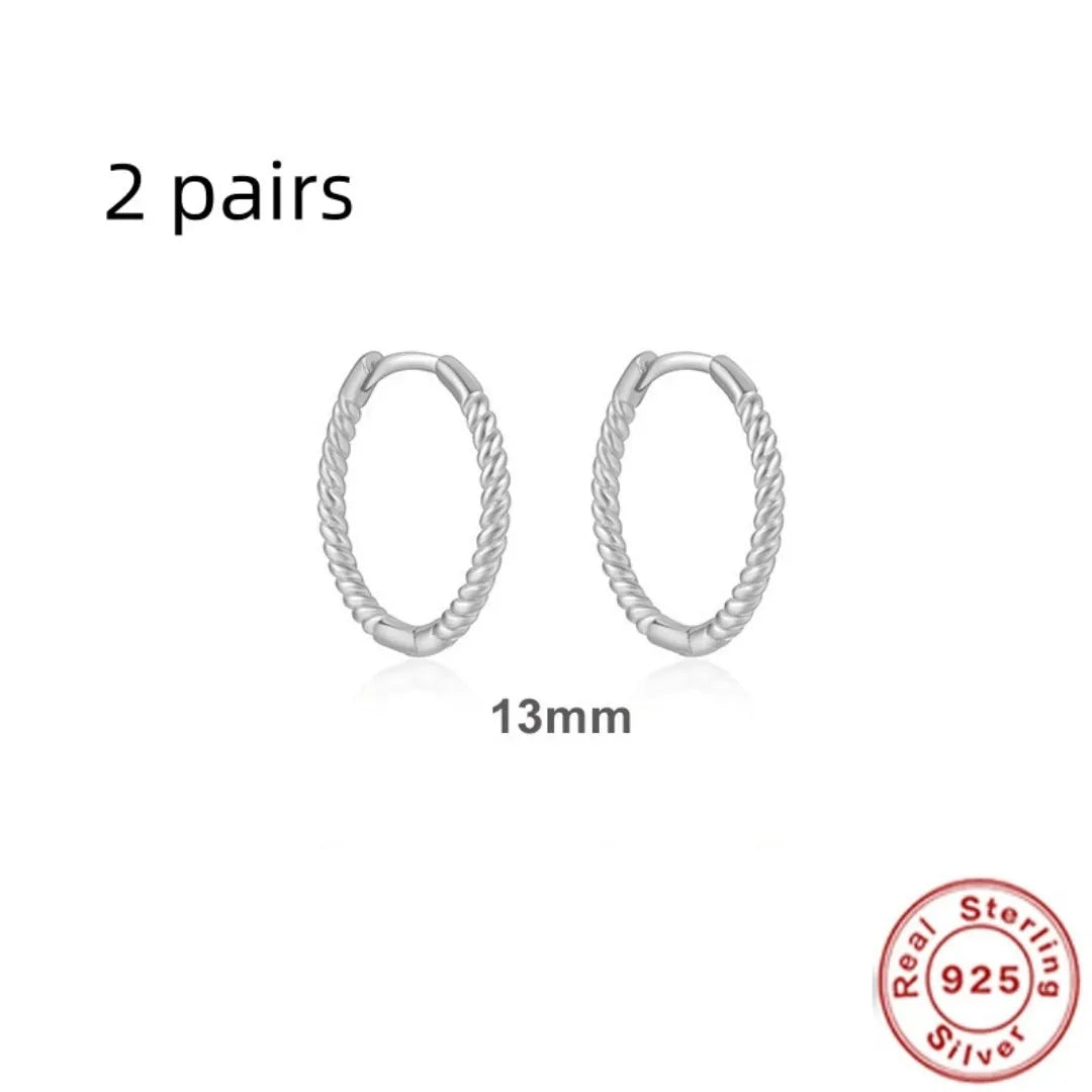 S925 sterling silver twisted string round ring geometric earrings for women on a white background.