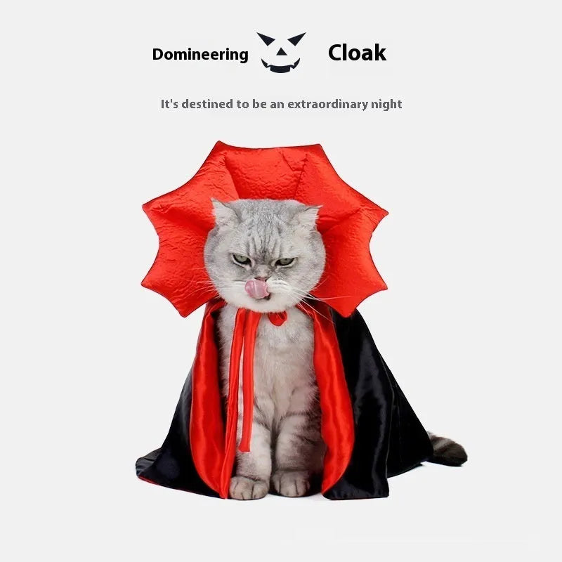 Black and red polyester Halloween costume for a cat or dog on a hanger.