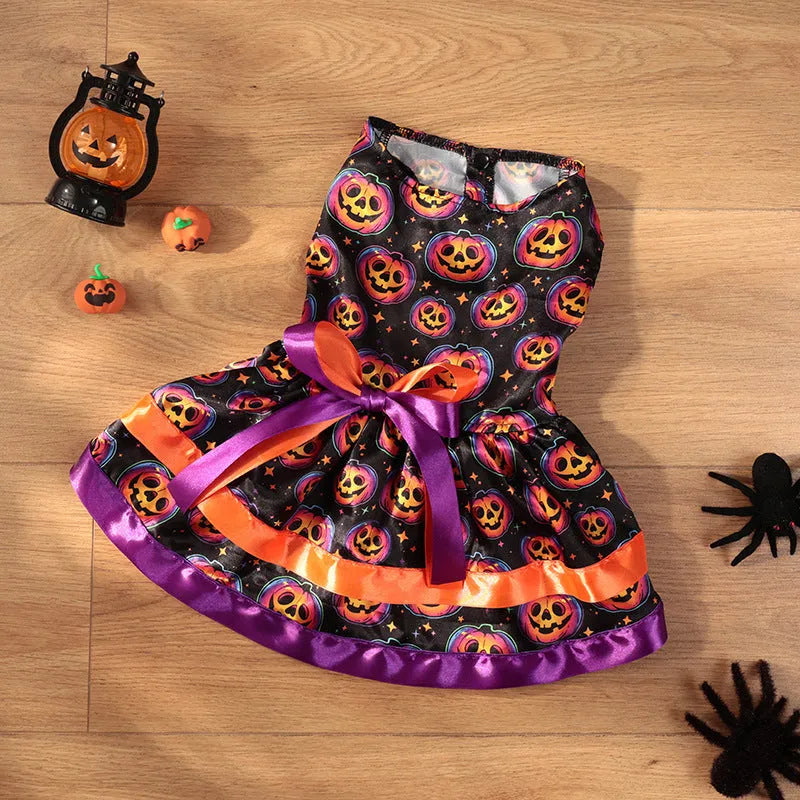 Halloween dog skirt costume with colourful pumpkin pattern and double-layer design