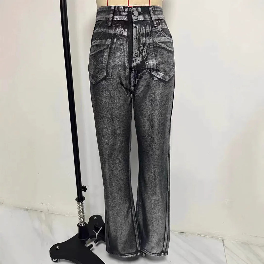 Women's blue hot silver high waist straight leg denim jeans with contrast colour street style details