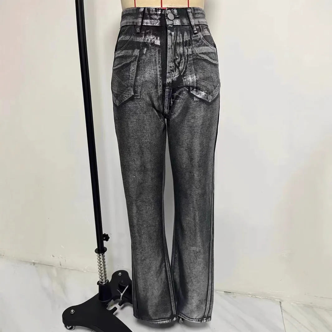 Women's blue hot silver high waist straight leg denim jeans with contrast colour street style details