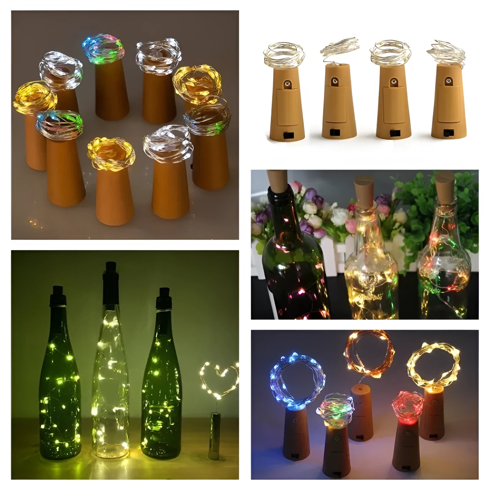 Silver wire LED string lights coiled around wine bottle with illuminated bulbs and bottle stopper fitting