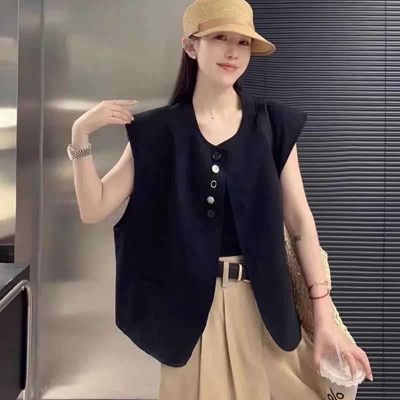 Women's loose-fit polyester vest in milky white, featuring pockets and a short 40cm length.