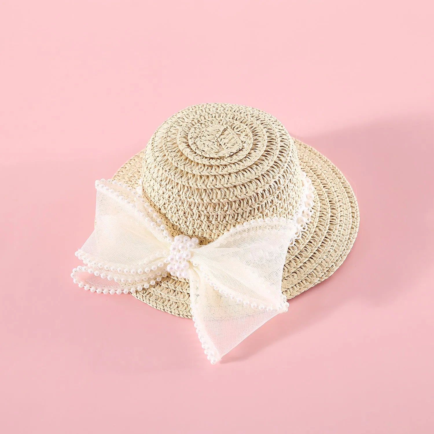 Princess-style cat hat with decorative pearl butterfly bow, woven from Lafite leaves.