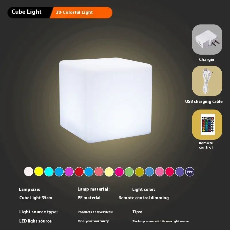 Modern square LED cube light for outdoor garden and patio use with waterproof IP65 rating.