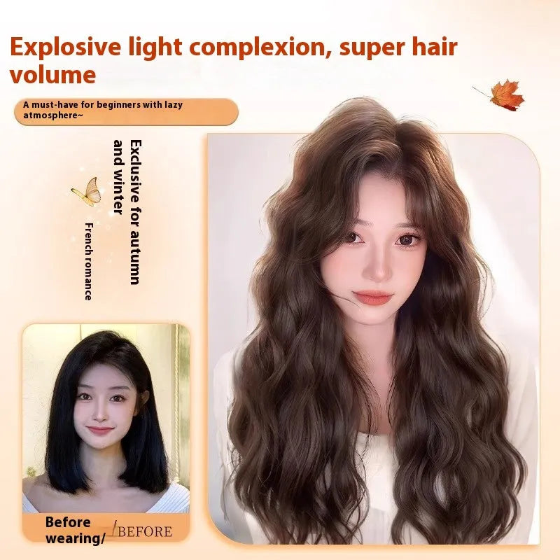 Full-head artificial hair wig with long curly style and side bangs in brown colour options