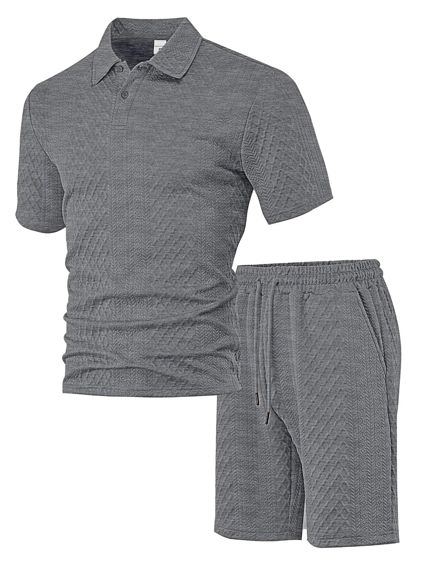 Men's thin figured cloth short sleeve casual suit in navy blue, showing Polo shirt top and trousers