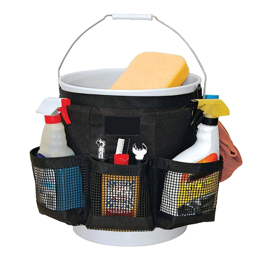 Black cylindrical polyester storage bag hanging on a 5 gallon barrel for car washing tools and outdoor gear.