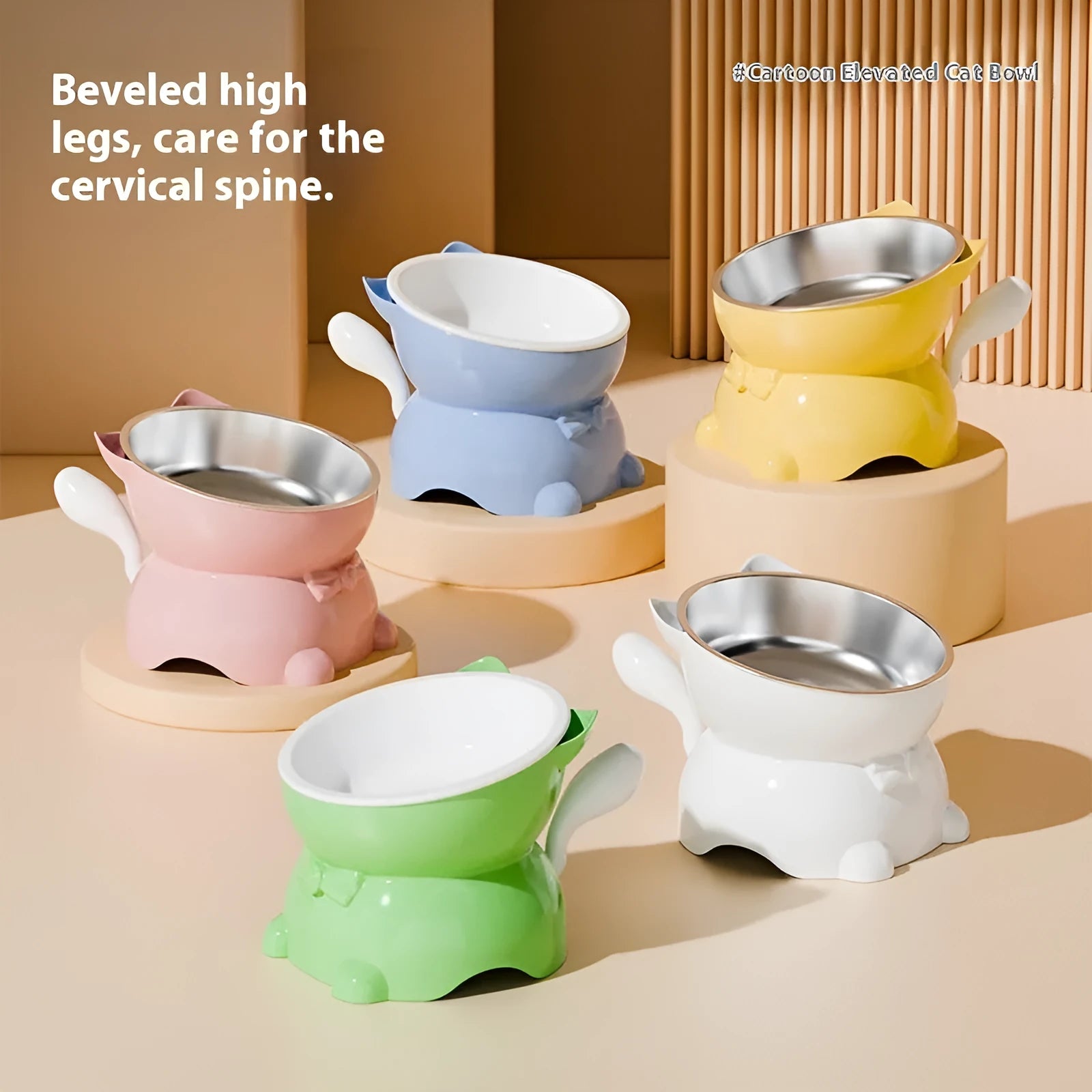 Stainless steel oblique anti-fall cat bowl in black, blue, pink, and yellow colours.