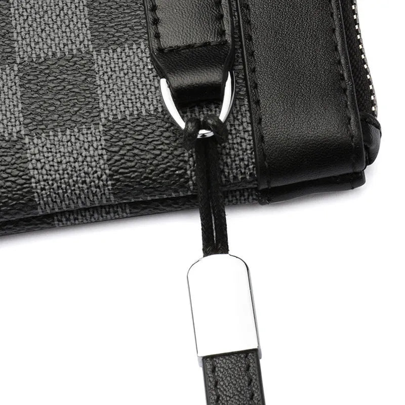 Black men's leather plaid clutch wallet made from cowhide, showing its 20x10 cm size.