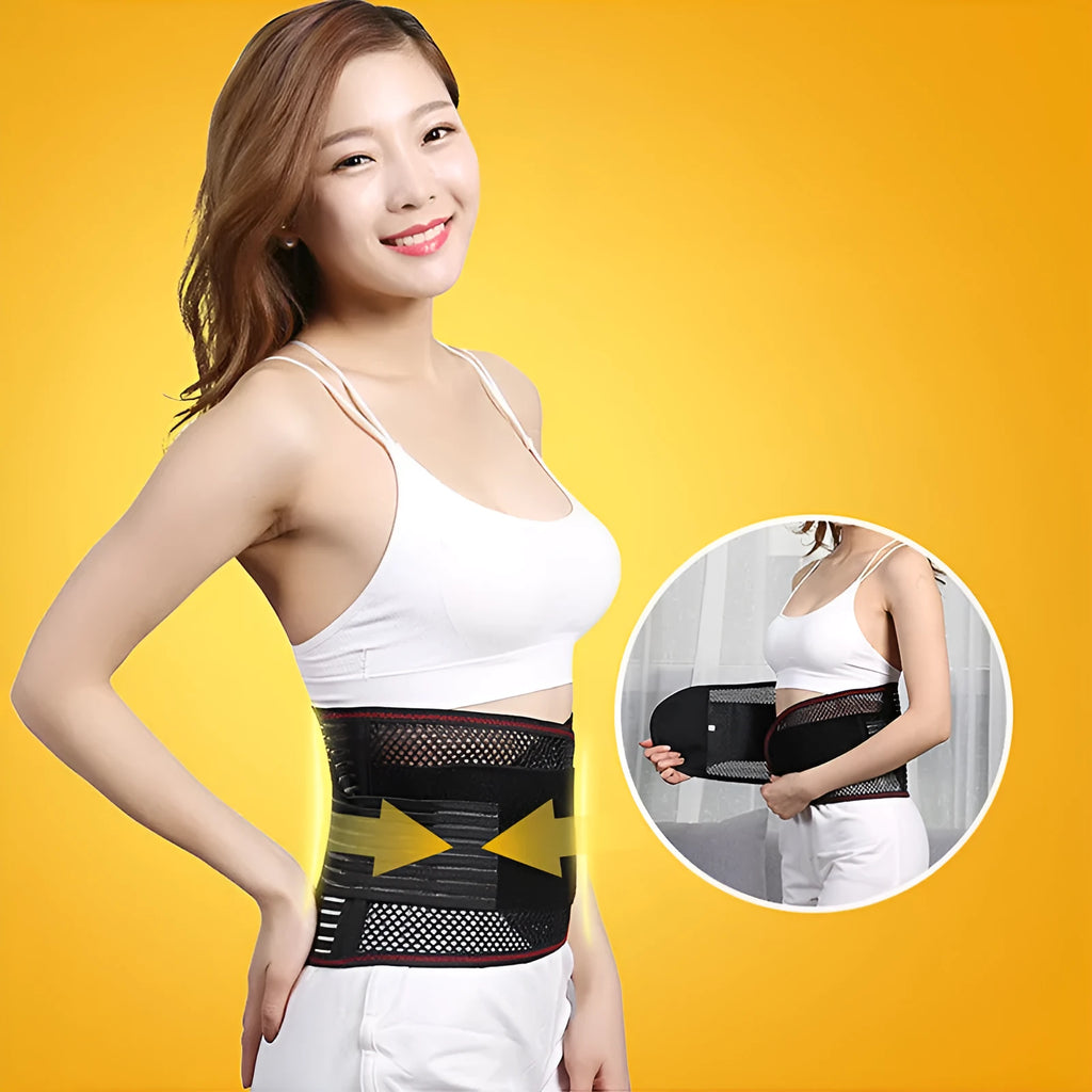 Black breathable sports waist support with internal steel plate for lumbar protection, shown laid flat.