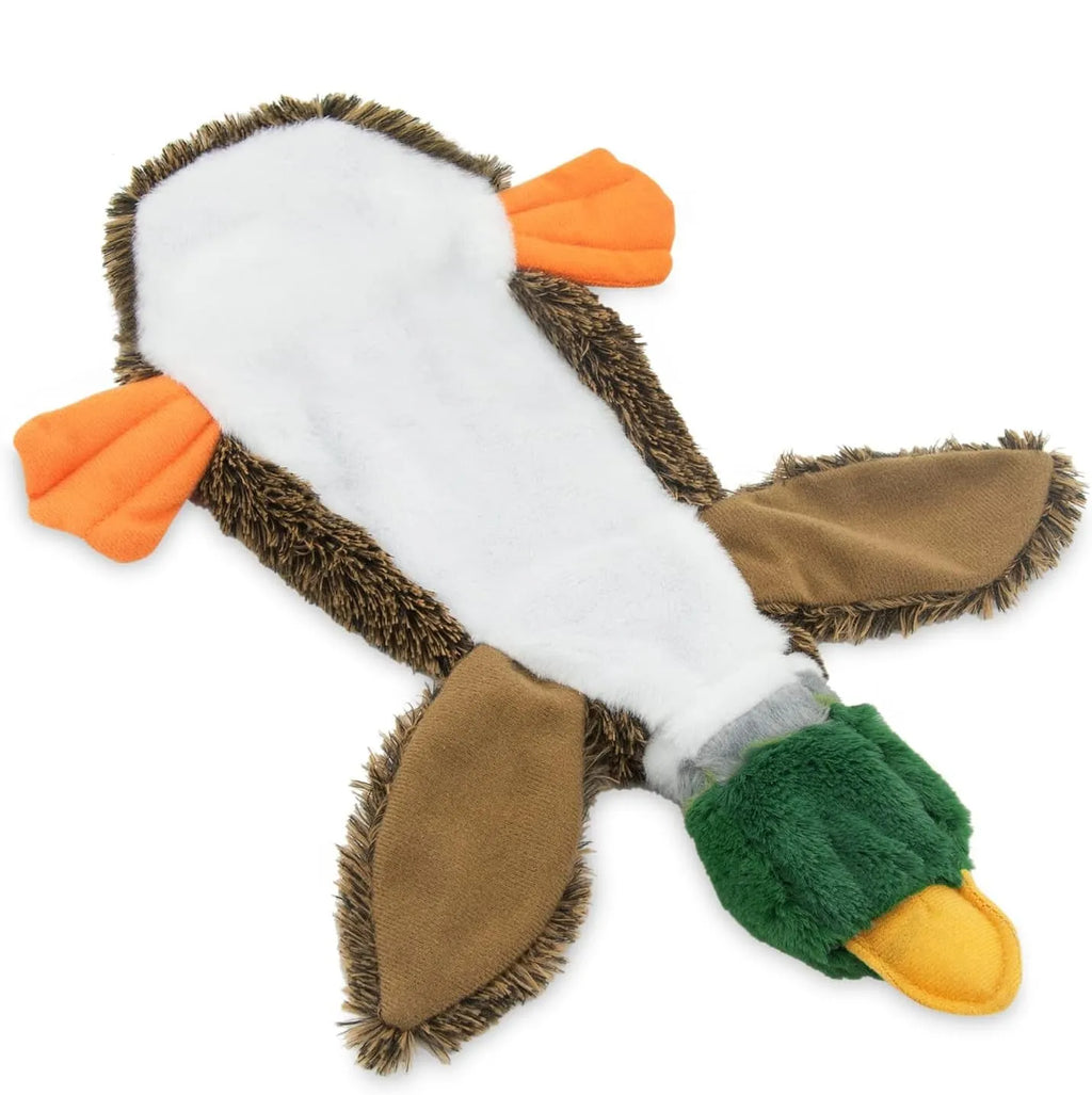 Green wild duck design stuffless dog toy with squeakers in head and tail sections