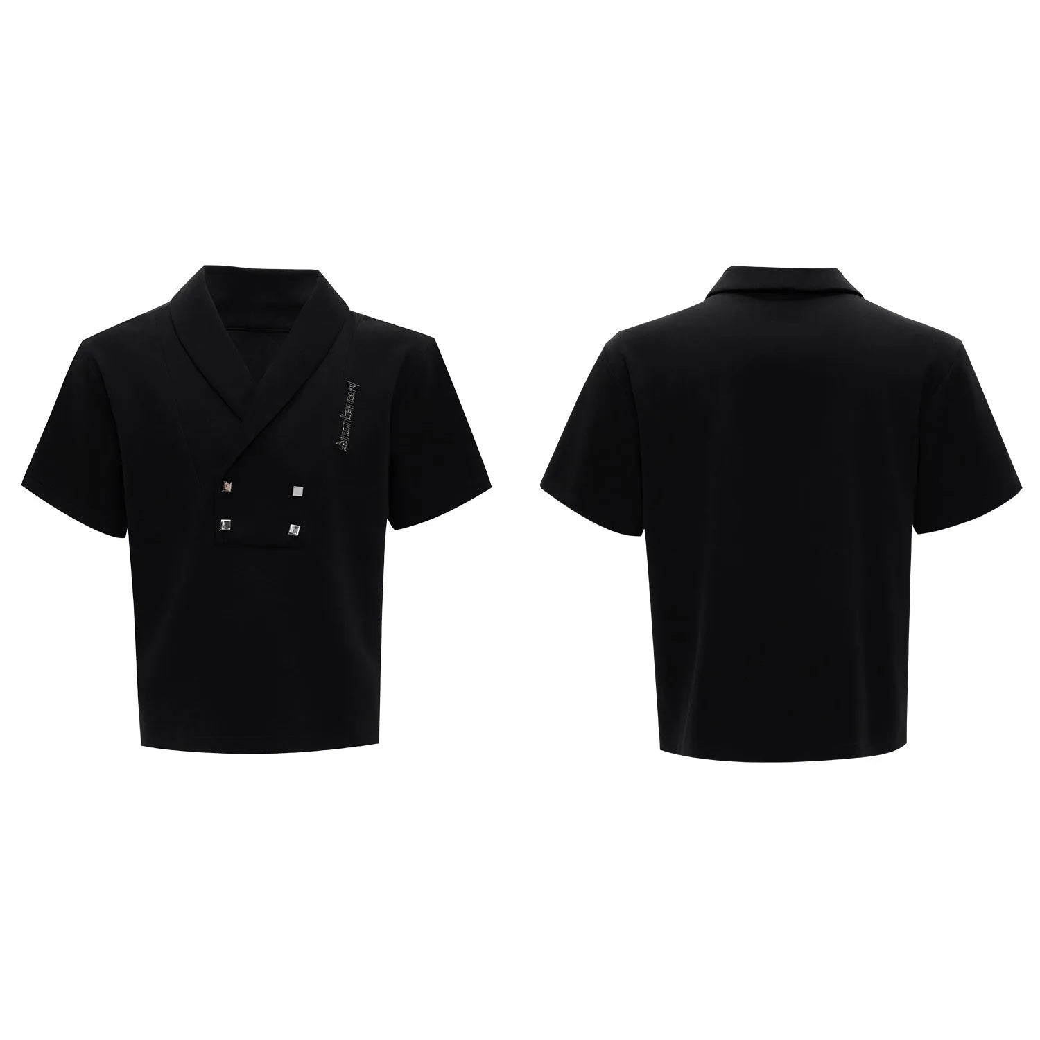 Men's dark gray V-neck cotton sports suit with metal embellishments on t-shirt and matching shorts