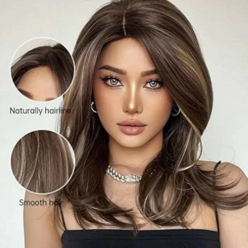 Mid-length platinum gradient colour wig with curly hair and fringe on model