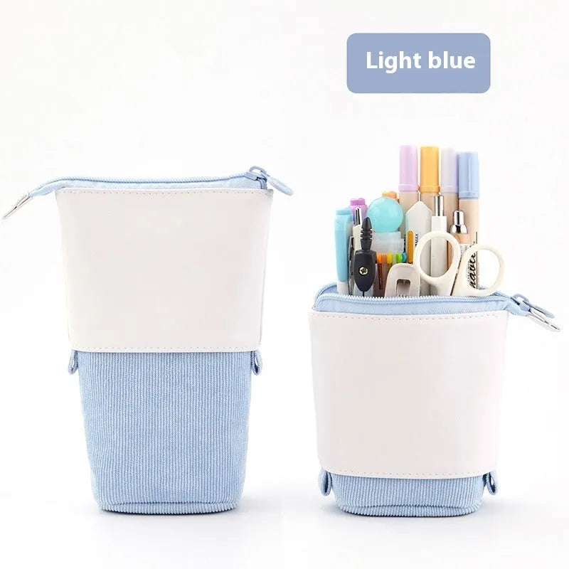 Korean style telescopic drop-down stationery case in six PU corduroy colour options