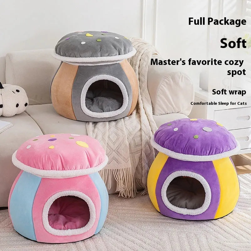 Grey mushroom-shaped hooded cat bed made of soft rabbit plush, shown with a cat inside.