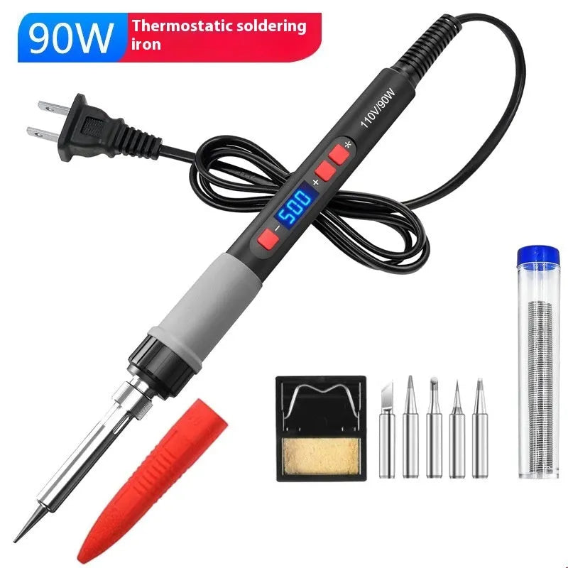 Grey 90W electric soldering iron with temperature control display and included accessories