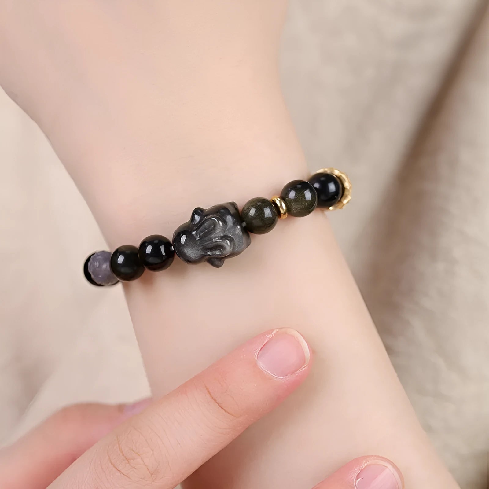 Handmade obsidian bracelet with lying rabbit silver charm and grey agate beads in 8mm and 10mm sizes
