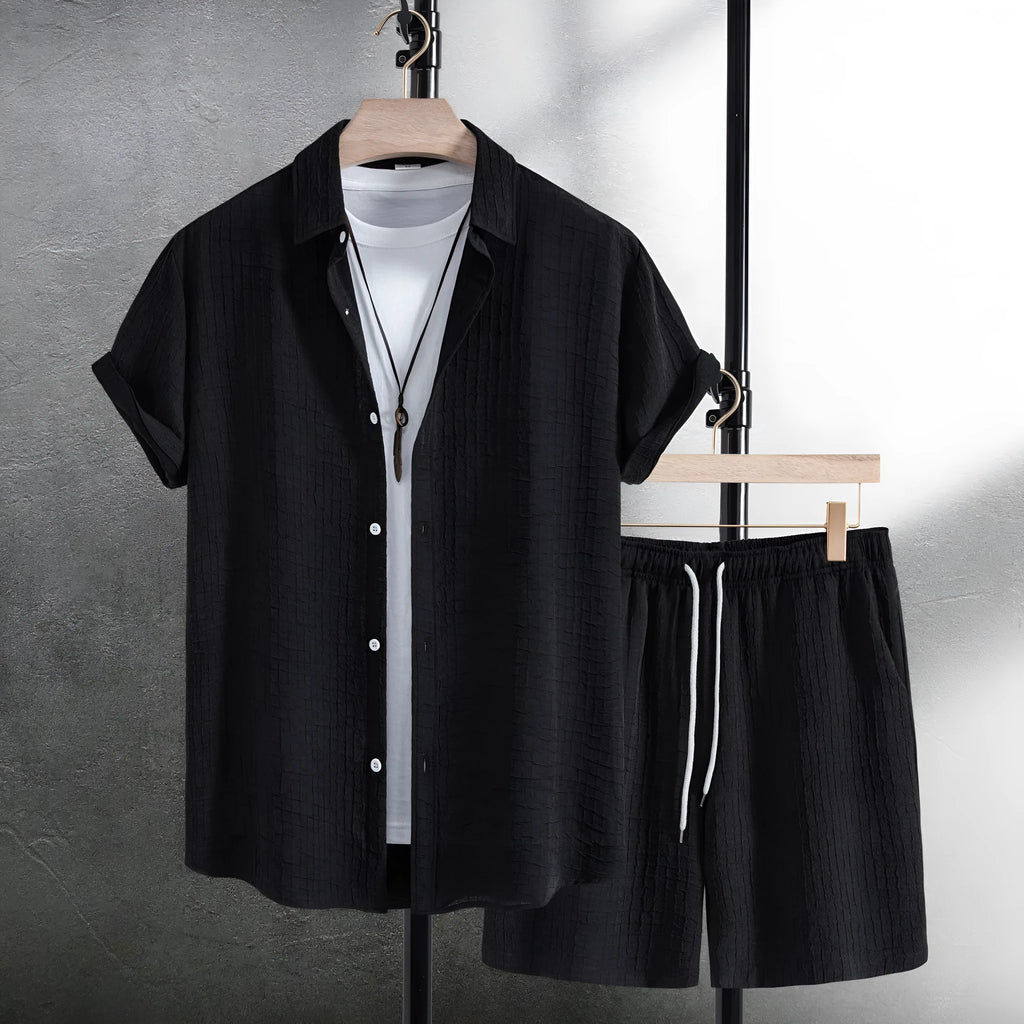 Men's black cotton blend jacquard short sleeve shirt and matching shorts casual suit