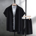 Men's black cotton blend jacquard short sleeve shirt and matching shorts casual suit