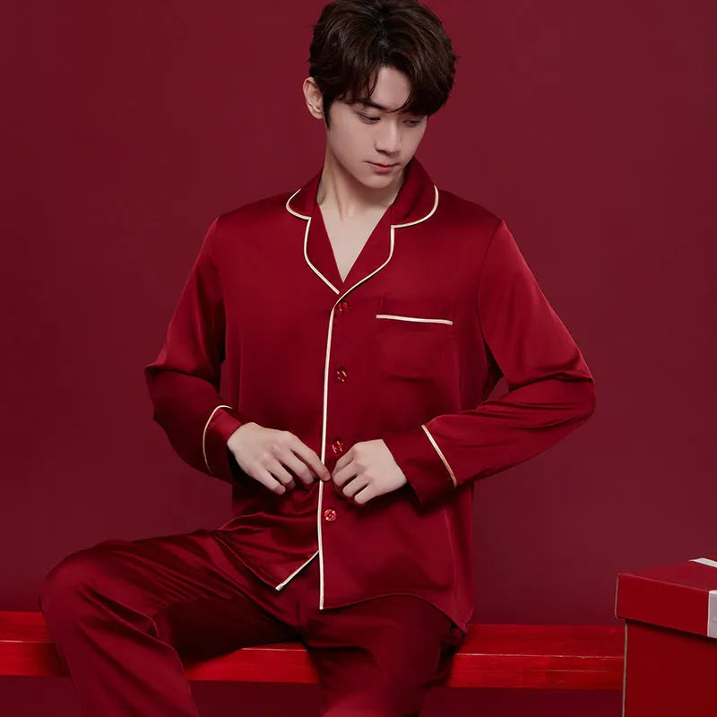 Red ice silk wedding dowry suit set with matching men's and women's sleepwear, long sleeves and trousers