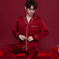 Red ice silk wedding dowry suit set with matching men's and women's sleepwear, long sleeves and trousers