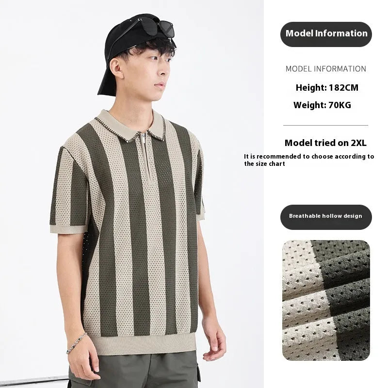 Men's short sleeve striped sweater in ice silk viscose with a decorative zipper.