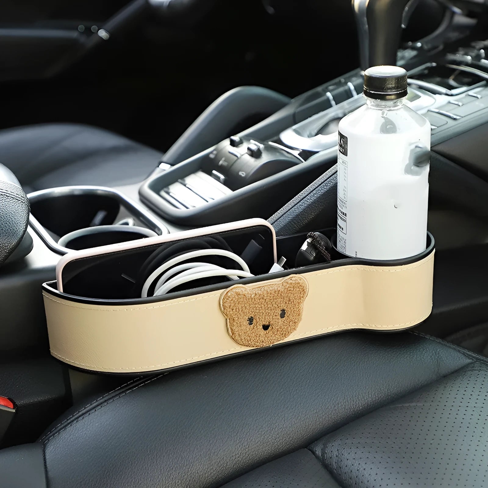 Leather car seat gap storage box with cartoon bear design for vehicle interior organisation