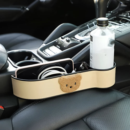 Leather car seat gap storage box with cartoon bear design for vehicle interior organisation
