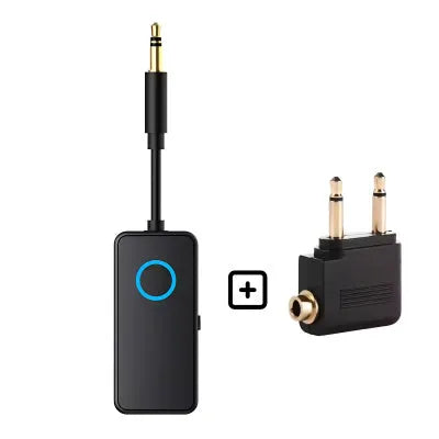 Black Bluetooth 5.4 audio adapter with flexible 3.5mm plug for wireless streaming to car stereos and speakers